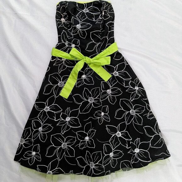 Ruby Rox Juniors Size 3 Black and White Floral Formal Dress Lime Green Strapless - Picture 3 of 5